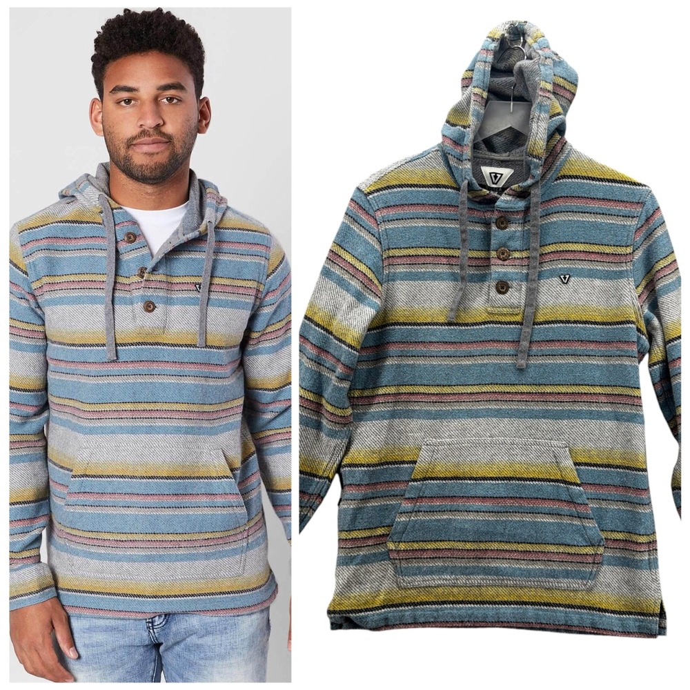 VISSLA Mens Descanso Hooded Popover Size S Gray‎ Stripe Pullover Boho Aztec